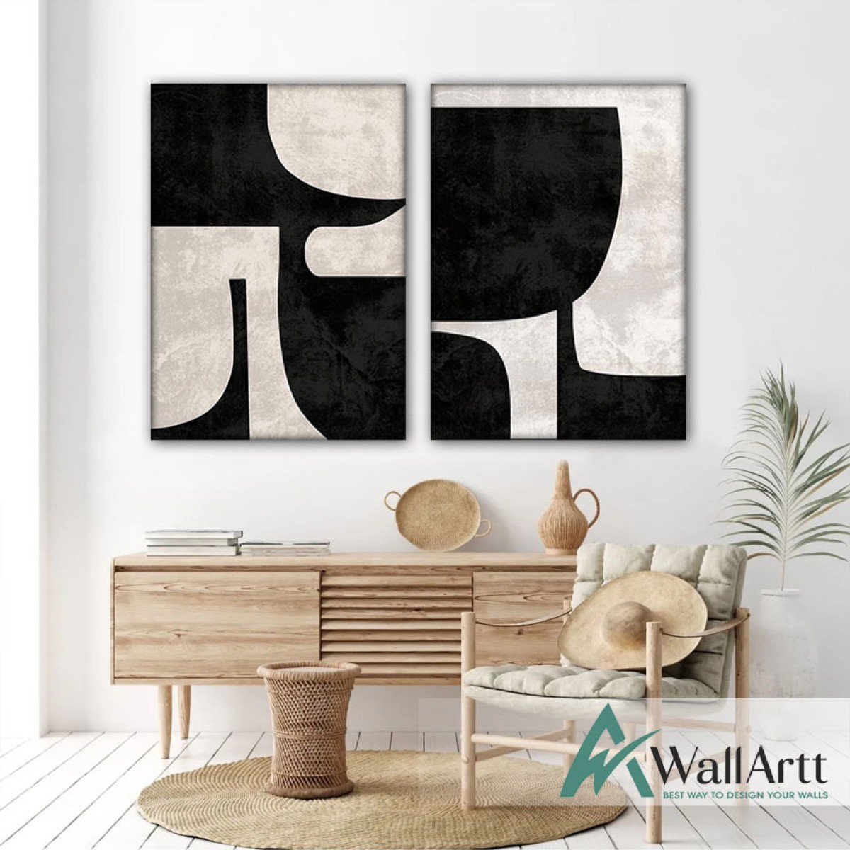Abstract Off White Black 2 Piece Textured Partial Oil Painting